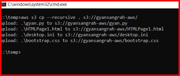 Picture showing execution of aws s3 cp --recursive . s3://gyansangrah-aws/ command in the command prompt